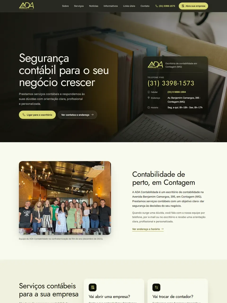 Página inicial do site ADA Contabilidade