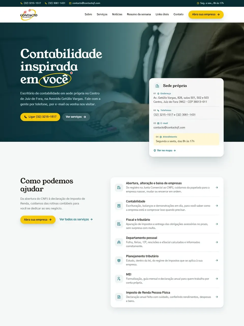 Página inicial do site Contacto JF