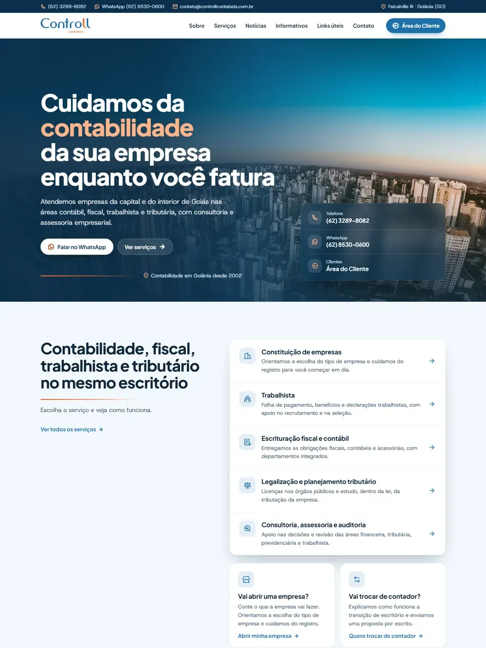Página inicial do site Controll Contábeis
