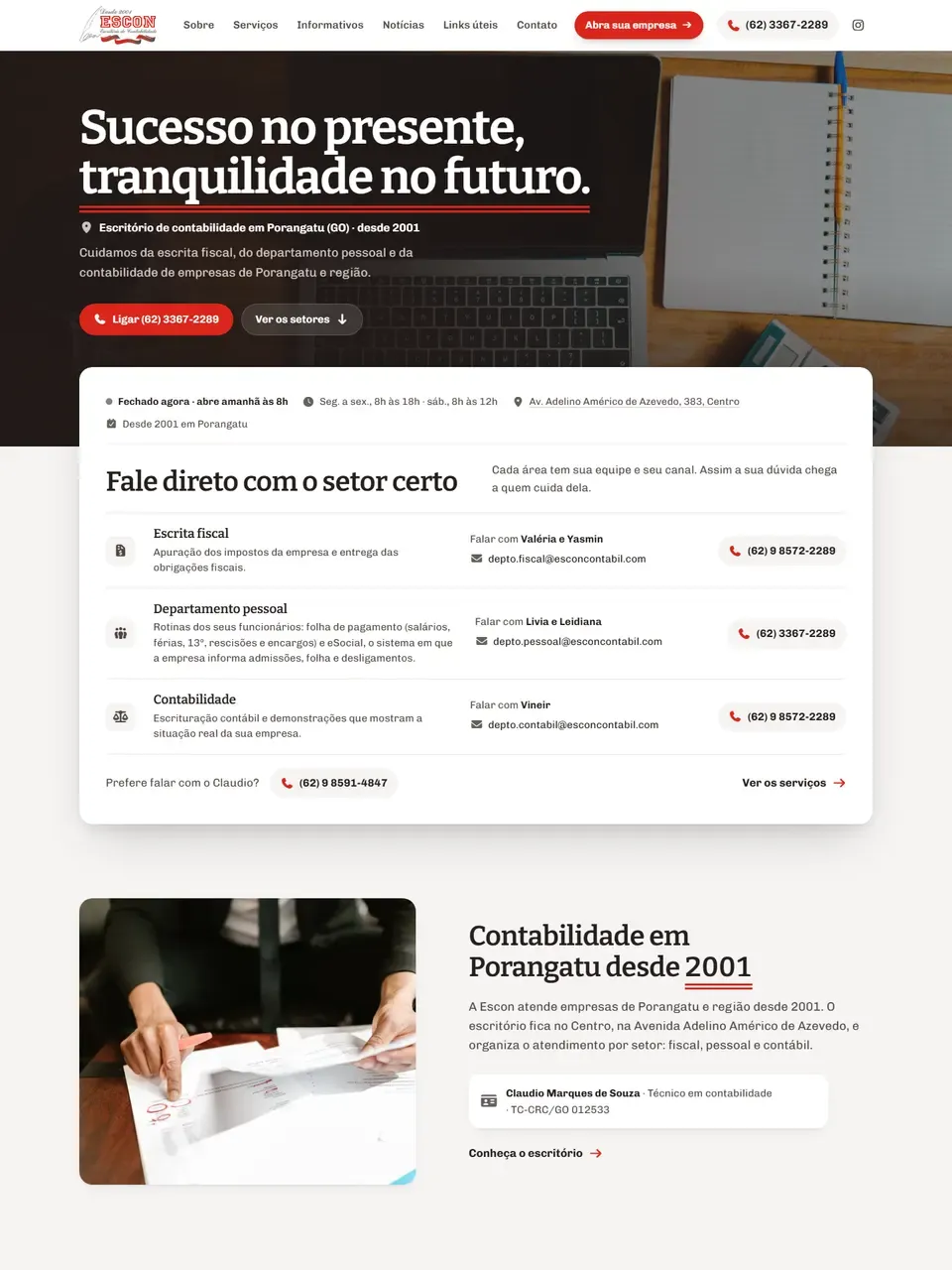 Página inicial do site Escon Contábil