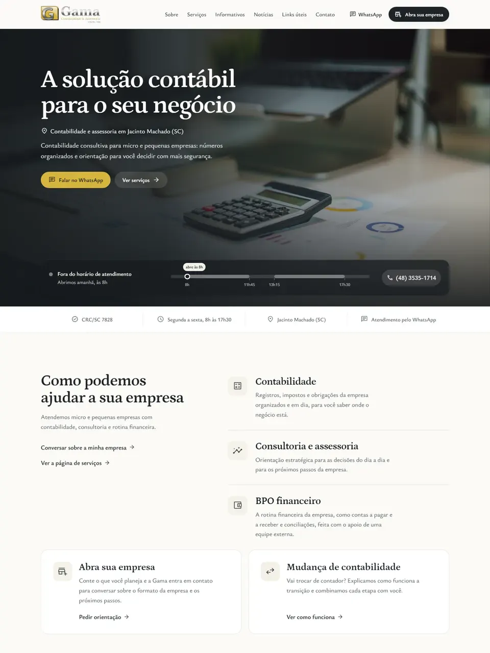 Página inicial do site Gama Contabilidade