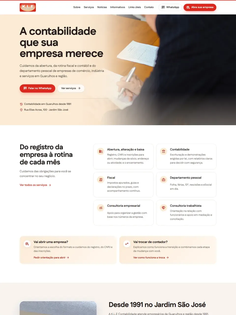Página inicial do site KLE Contabilidade