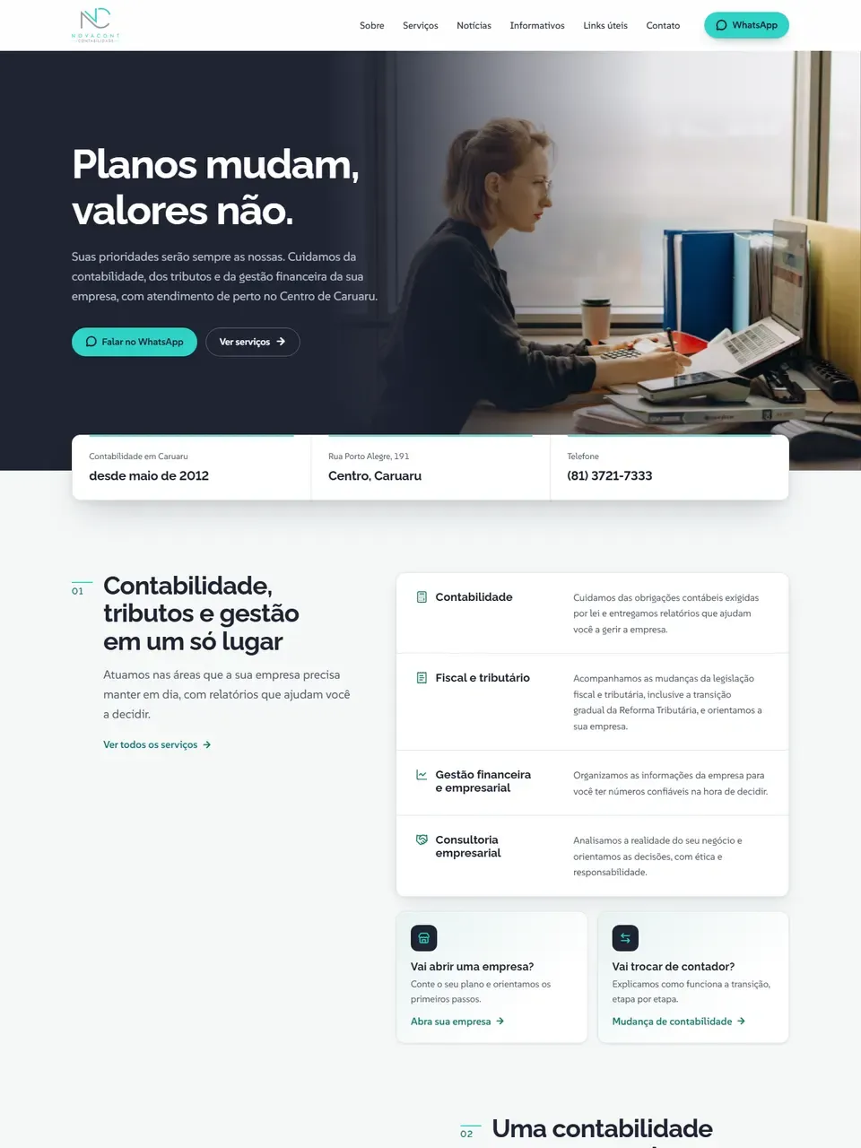 Página inicial do site Novacont Contabilidade