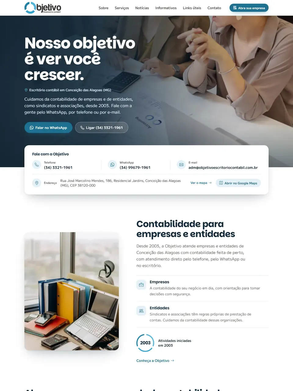 Página inicial do site Objetivo Escritório Contábil