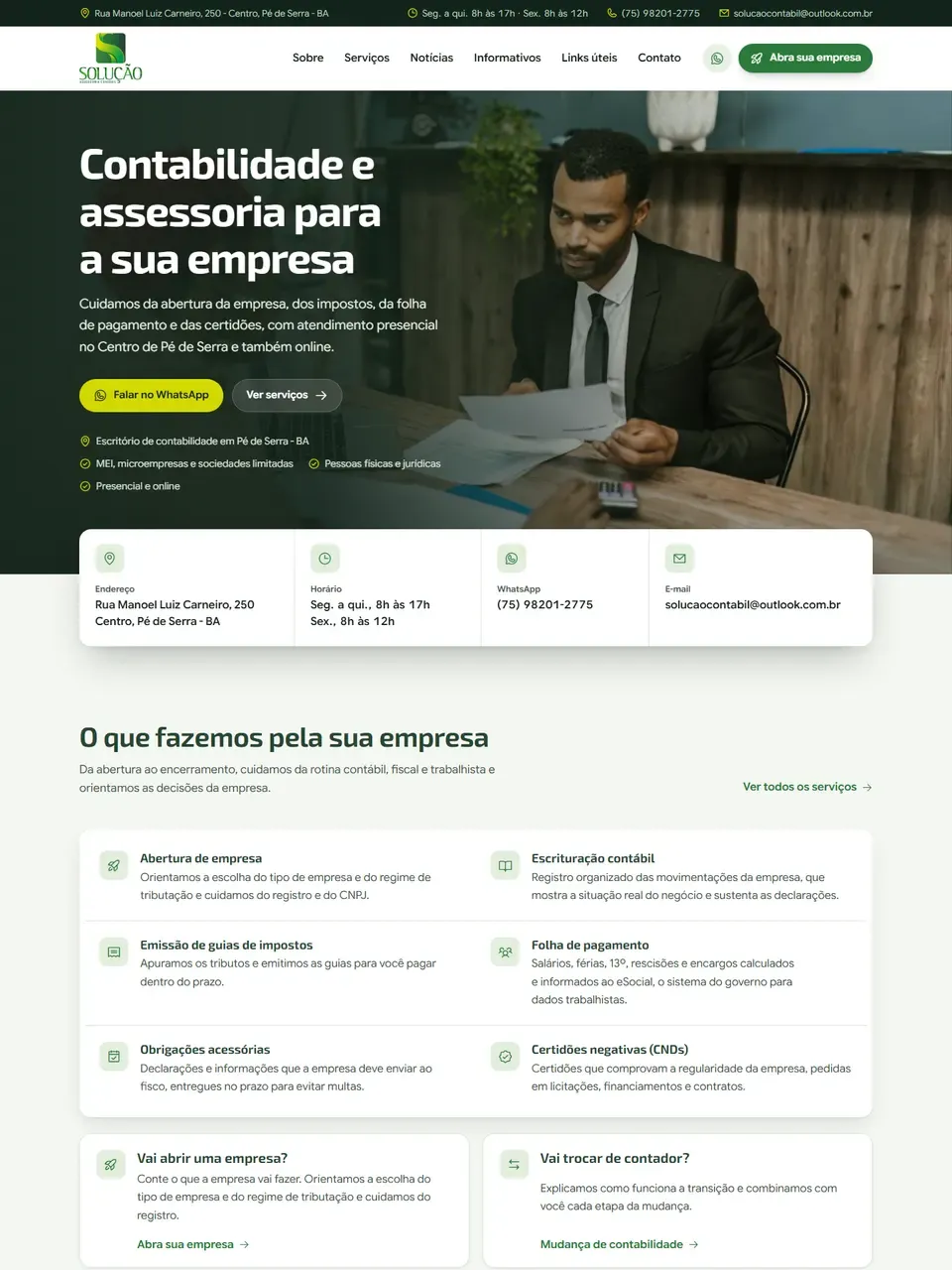Página inicial do site Solução Contábil BA