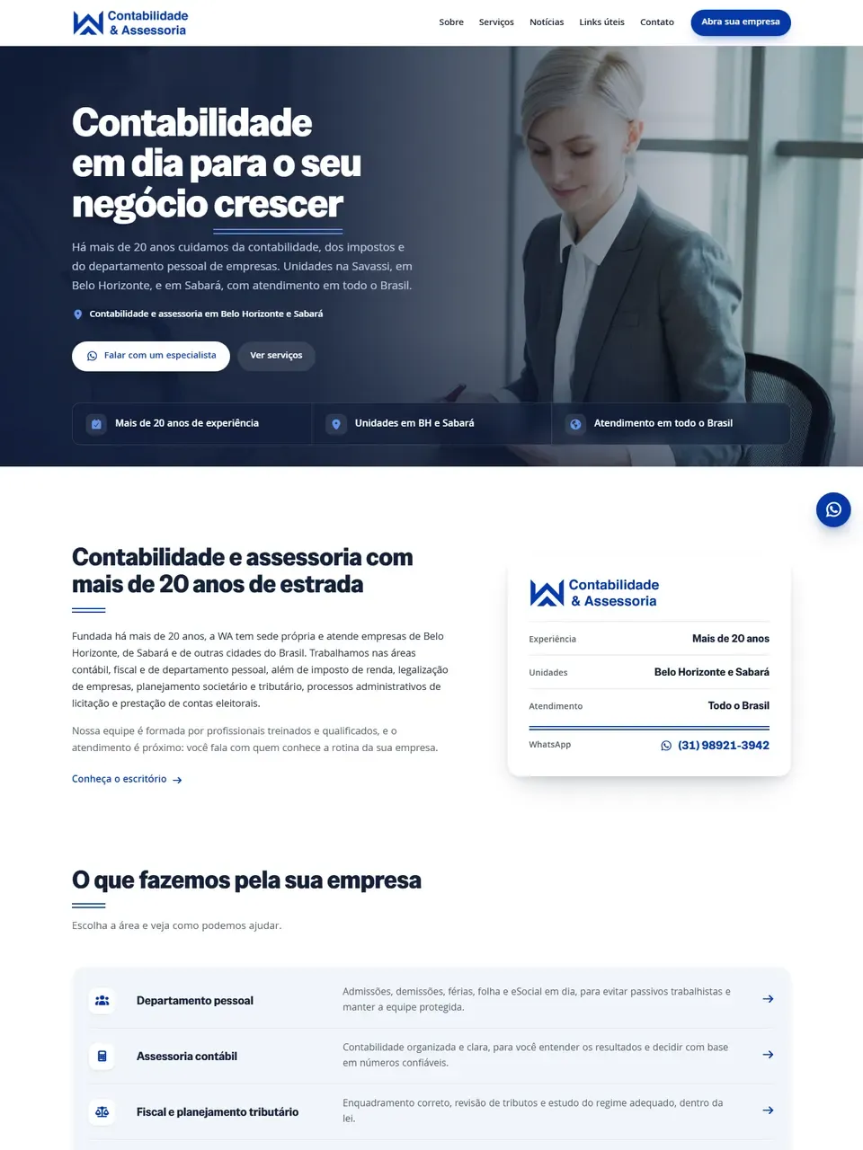 Página inicial do site WA Contabilidade União